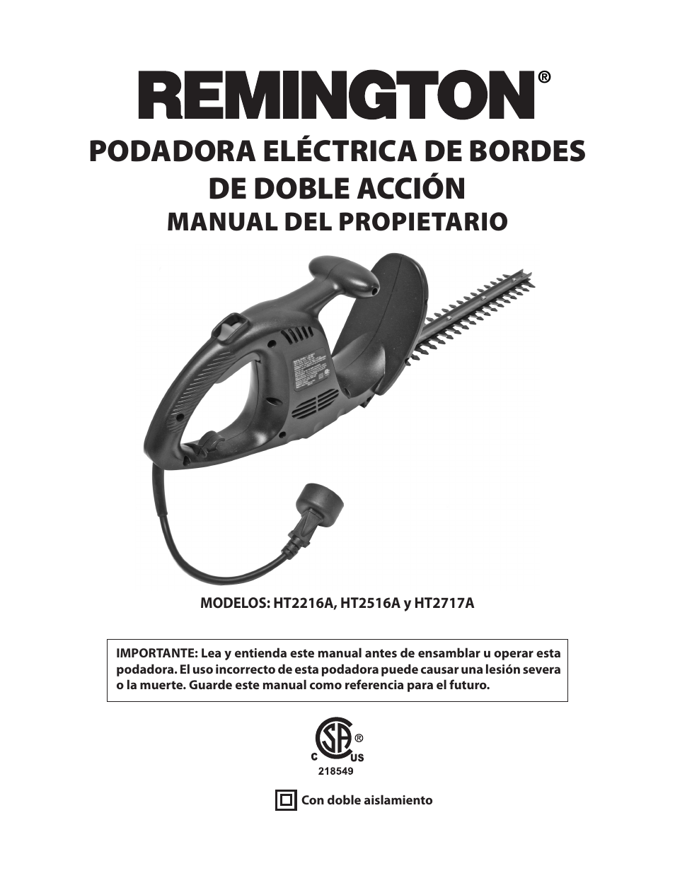 Podadora eléctrica de bordes de doble acción, Manual del propietario | Remington HT2216A User Manual | Page 15 / 40