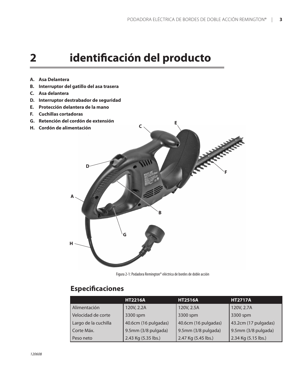 2identificación del producto, Especificaciones | Remington HT2216A User Manual | Page 21 / 40