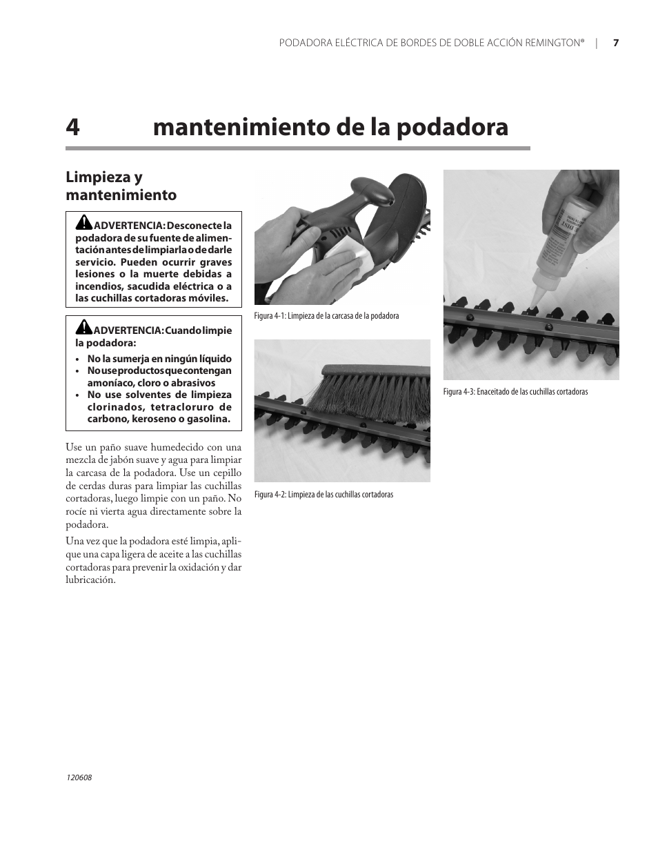 4mantenimiento de la podadora, Limpieza y mantenimiento | Remington HT2216A User Manual | Page 25 / 40