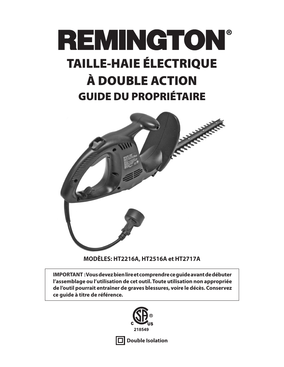 Taille-haie électrique à double action, Guide du propriétaire | Remington HT2216A User Manual | Page 29 / 40