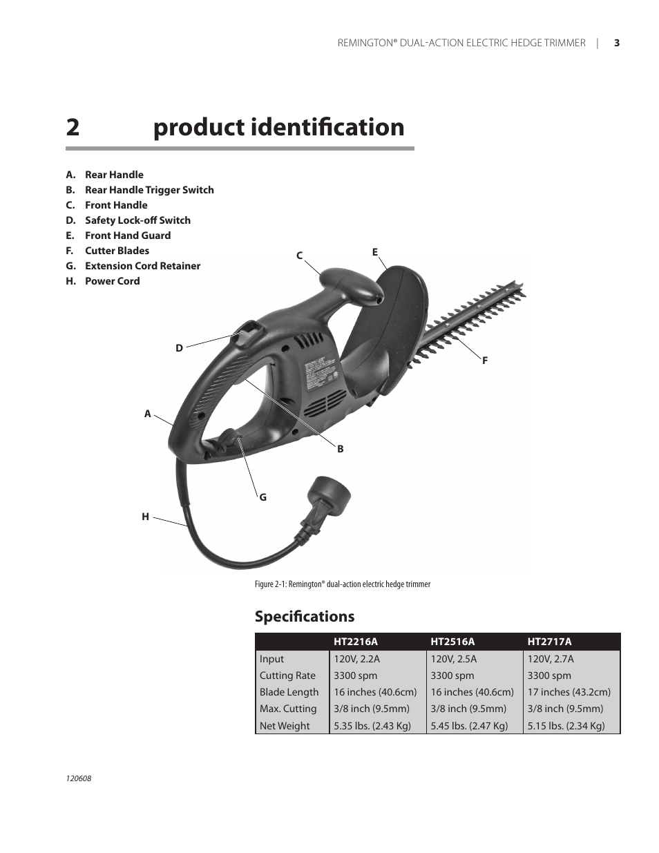 2product identification, Specifications | Remington HT2216A User Manual | Page 7 / 40