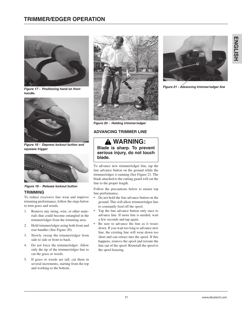 Warning, Trimmer/edger operation en gli s h | Remington BS1812A User Manual | Page 11 / 48