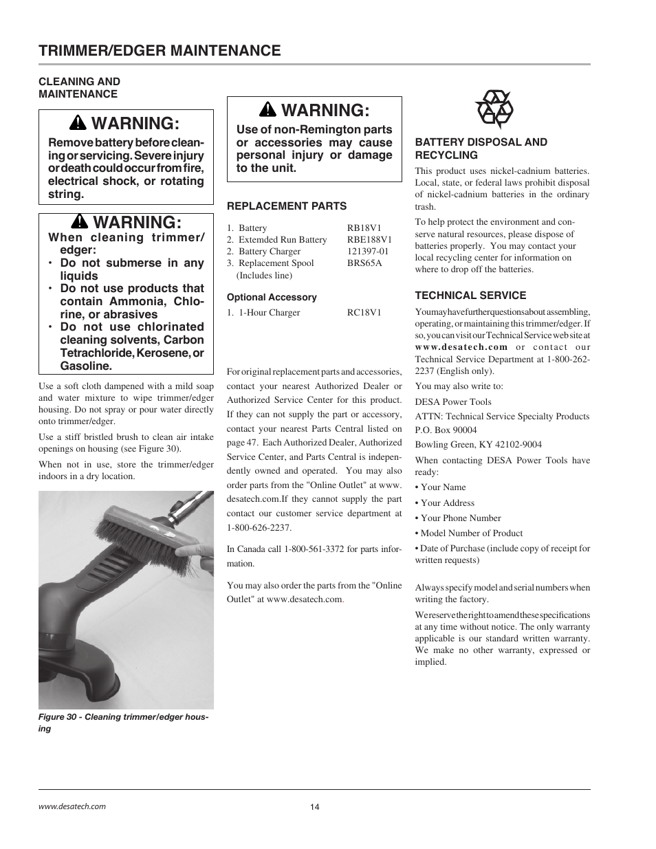 Warning, Trimmer/edger maintenance | Remington BS1812A User Manual | Page 14 / 48