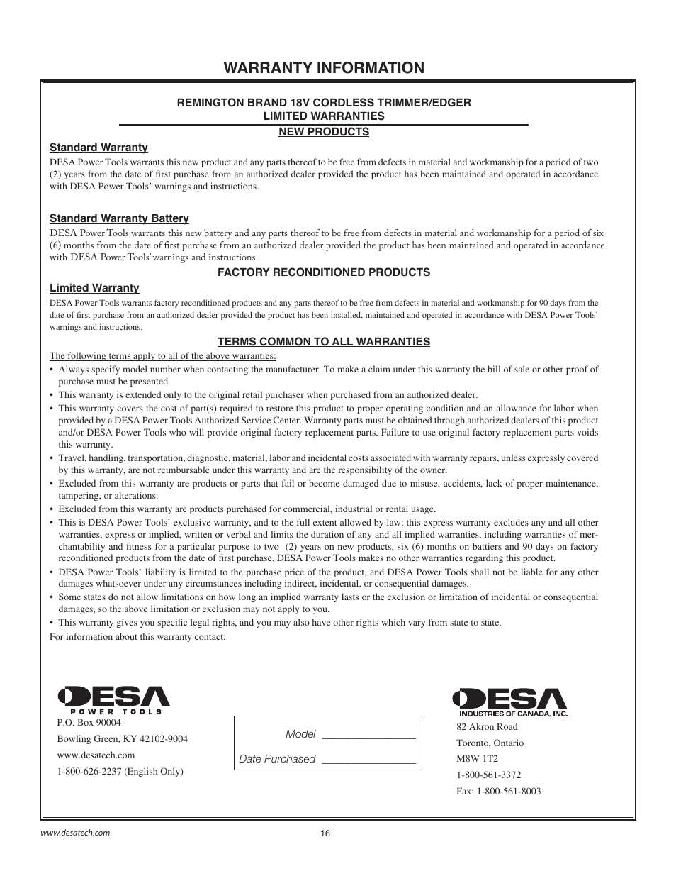 Warranty information | Remington BS1812A User Manual | Page 16 / 48