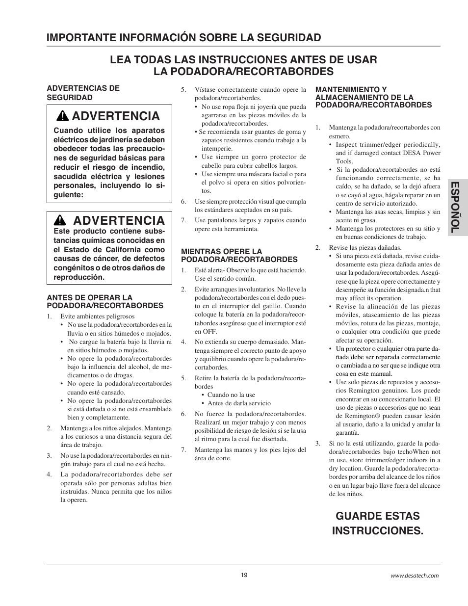 Advertencia, Guarde estas instrucciones | Remington BS1812A User Manual | Page 19 / 48