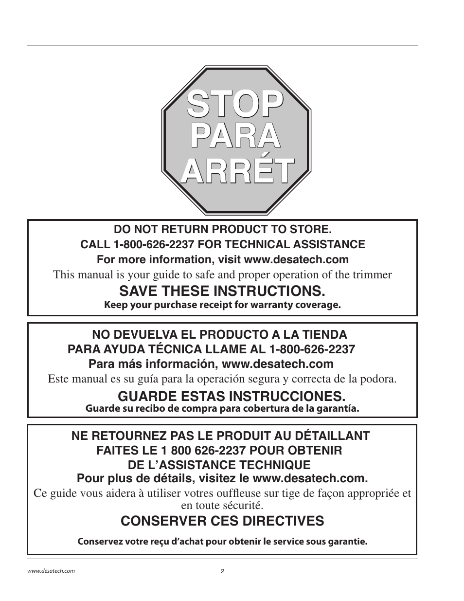 Stop, Para, Para arrét arrét | Remington BS1812A User Manual | Page 2 / 48