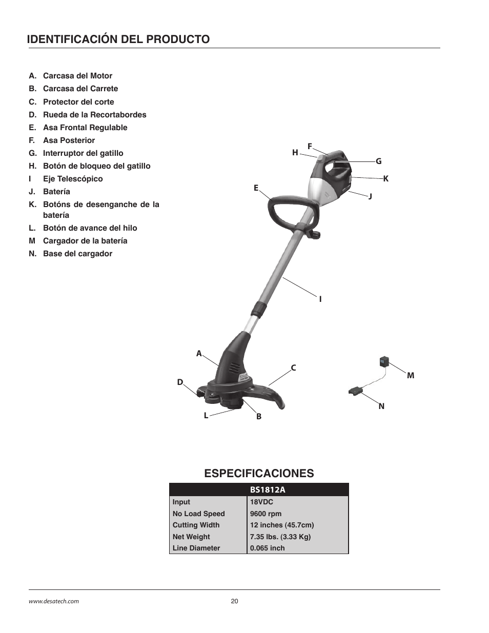 Identificación del producto, Especificaciones | Remington BS1812A User Manual | Page 20 / 48
