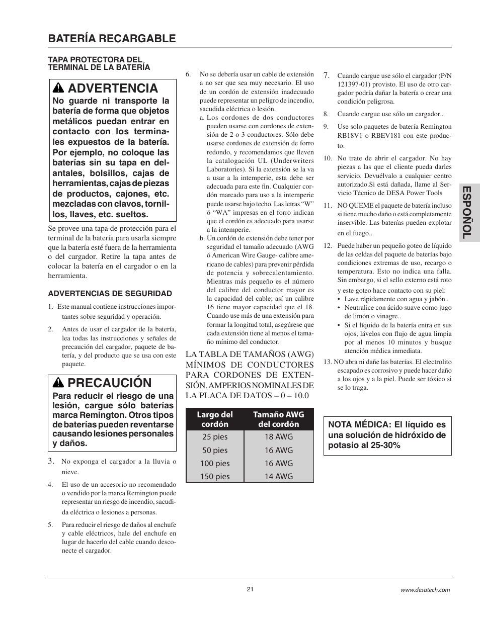 Advertencia, Precaución, Esp o ñol batería recargable | Remington BS1812A User Manual | Page 21 / 48