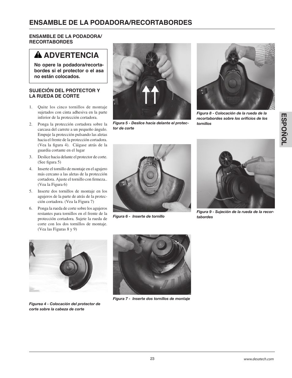 Advertencia, Esp o ñol ensamble de la podadora/recortabordes | Remington BS1812A User Manual | Page 23 / 48