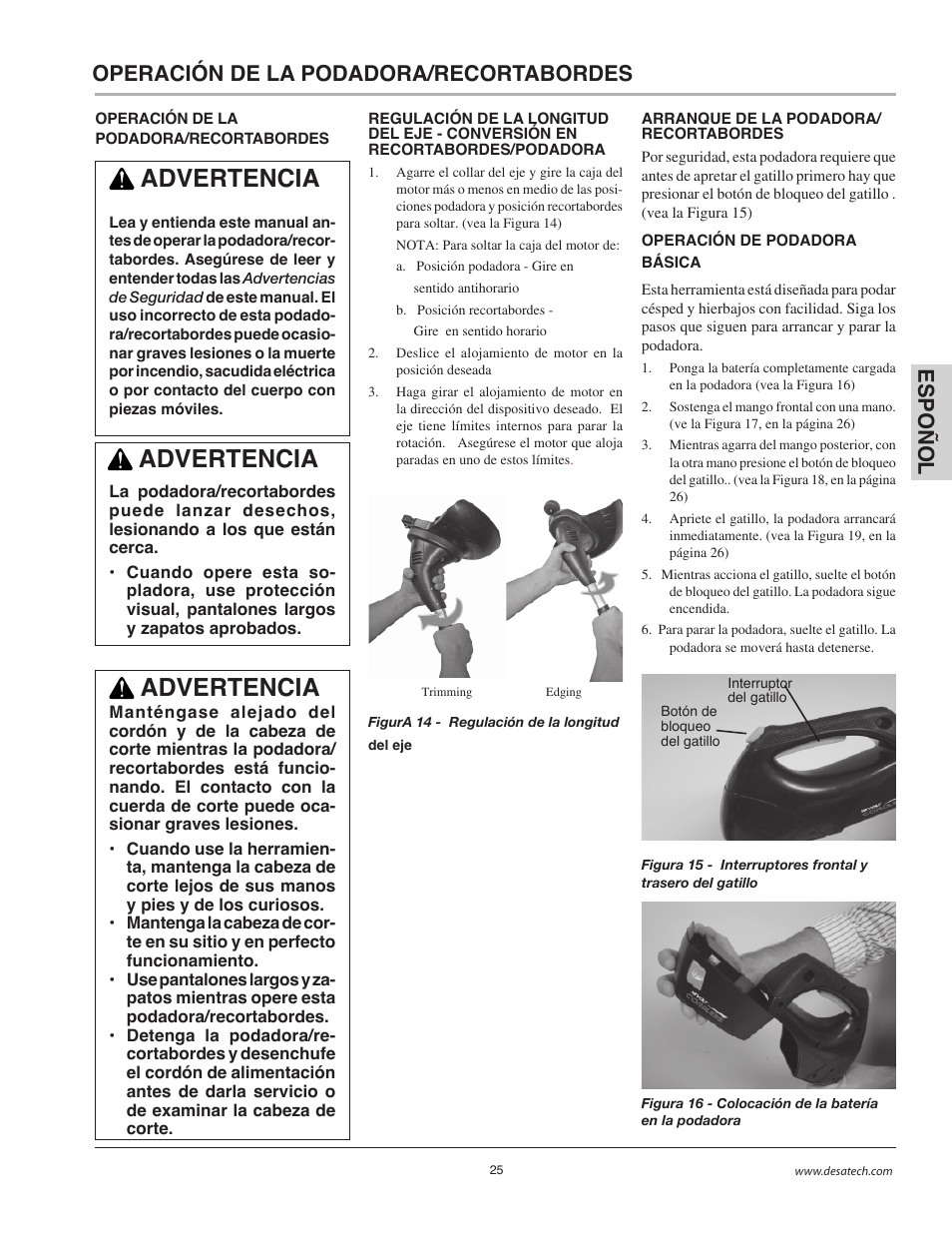 Advertencia, Esp o ñol operación de la podadora/recortabordes | Remington BS1812A User Manual | Page 25 / 48
