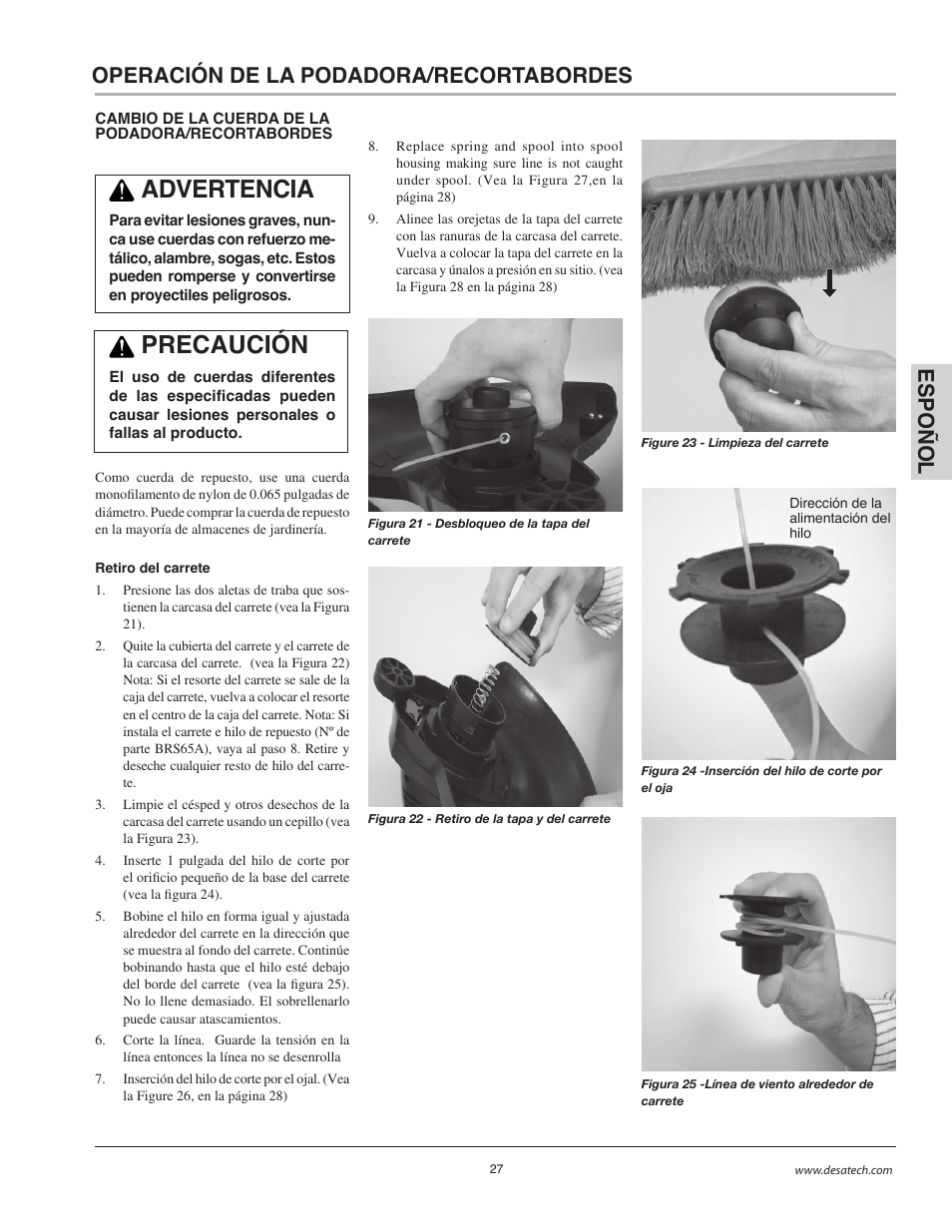 Advertencia, Precaución, Esp o ñol operación de la podadora/recortabordes | Remington BS1812A User Manual | Page 27 / 48