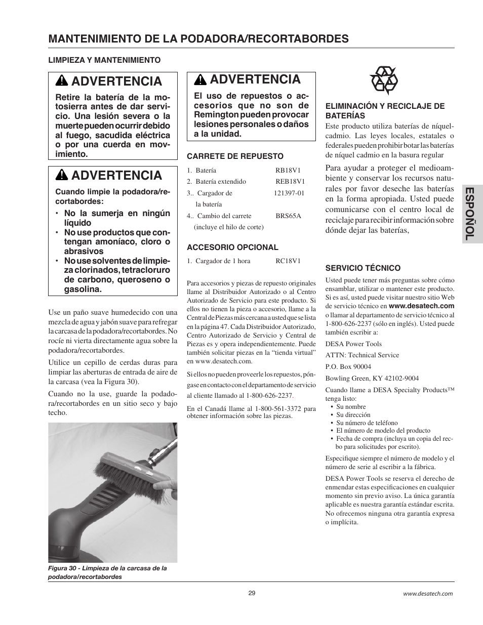 Advertencia | Remington BS1812A User Manual | Page 29 / 48