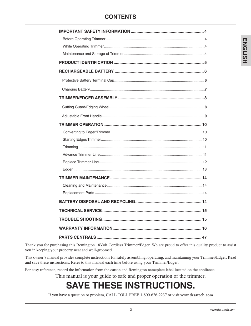 Save these instructions, En gli s h contents | Remington BS1812A User Manual | Page 3 / 48