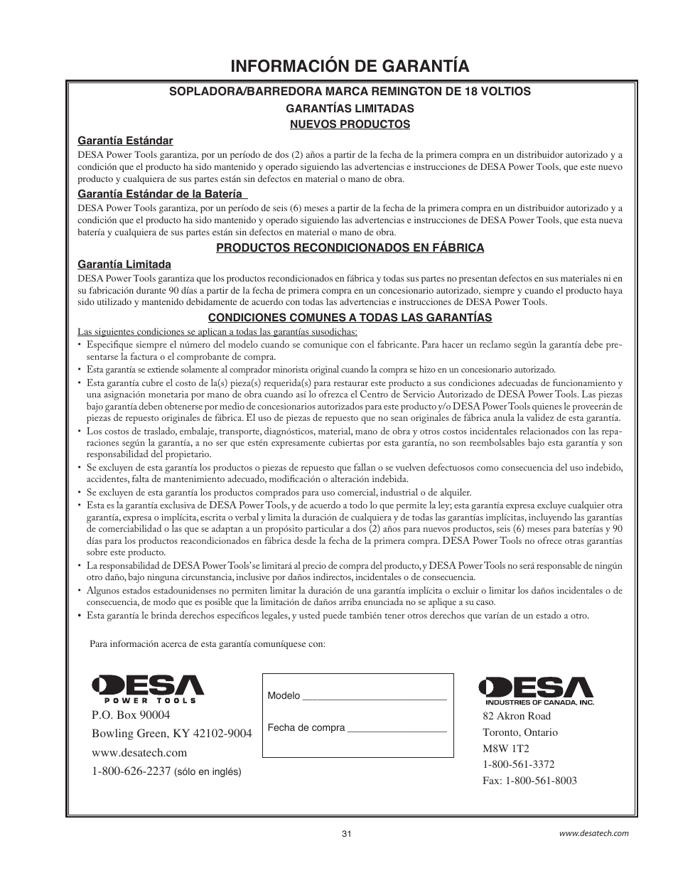 Información de garantía | Remington BS1812A User Manual | Page 31 / 48