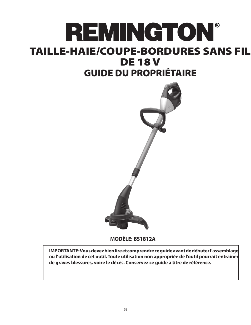 Taille-haie/coupe-bordures sans fil de 18 v, Guide du propriétaire | Remington BS1812A User Manual | Page 32 / 48