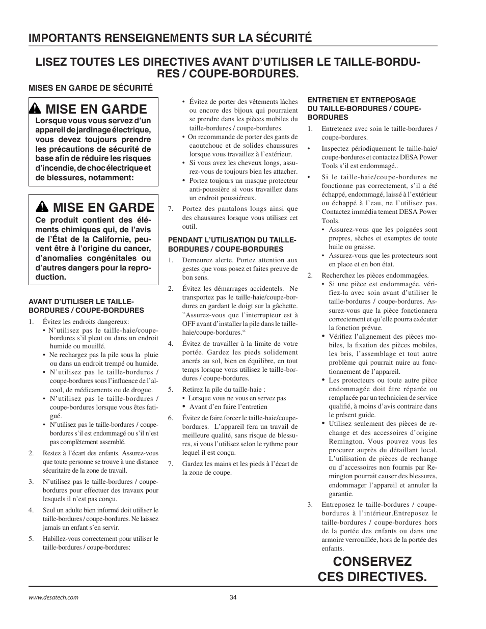 Mise en garde, Conservez ces directives, Importants renseignements sur la sécurité | Remington BS1812A User Manual | Page 34 / 48
