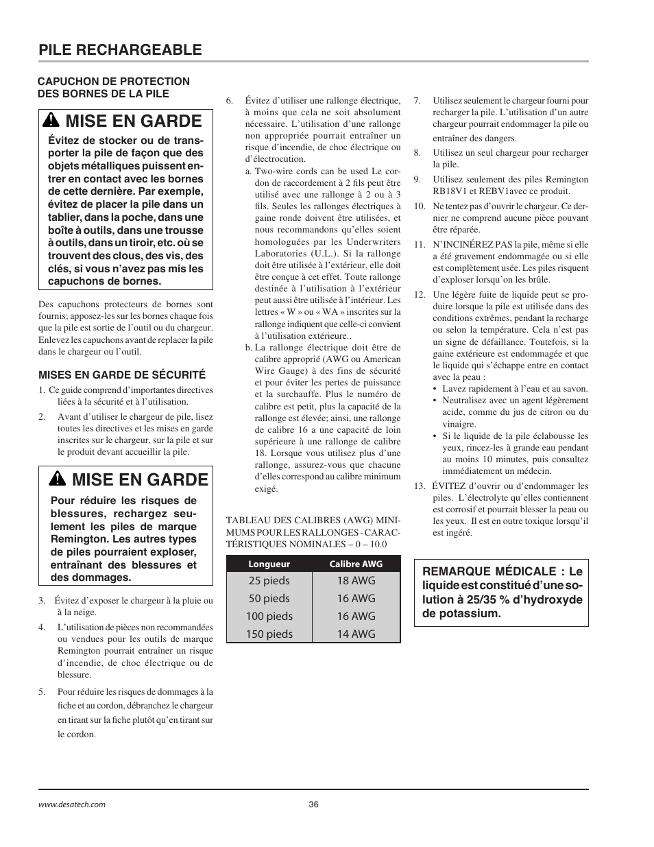Mise en garde, Pile rechargeable | Remington BS1812A User Manual | Page 36 / 48