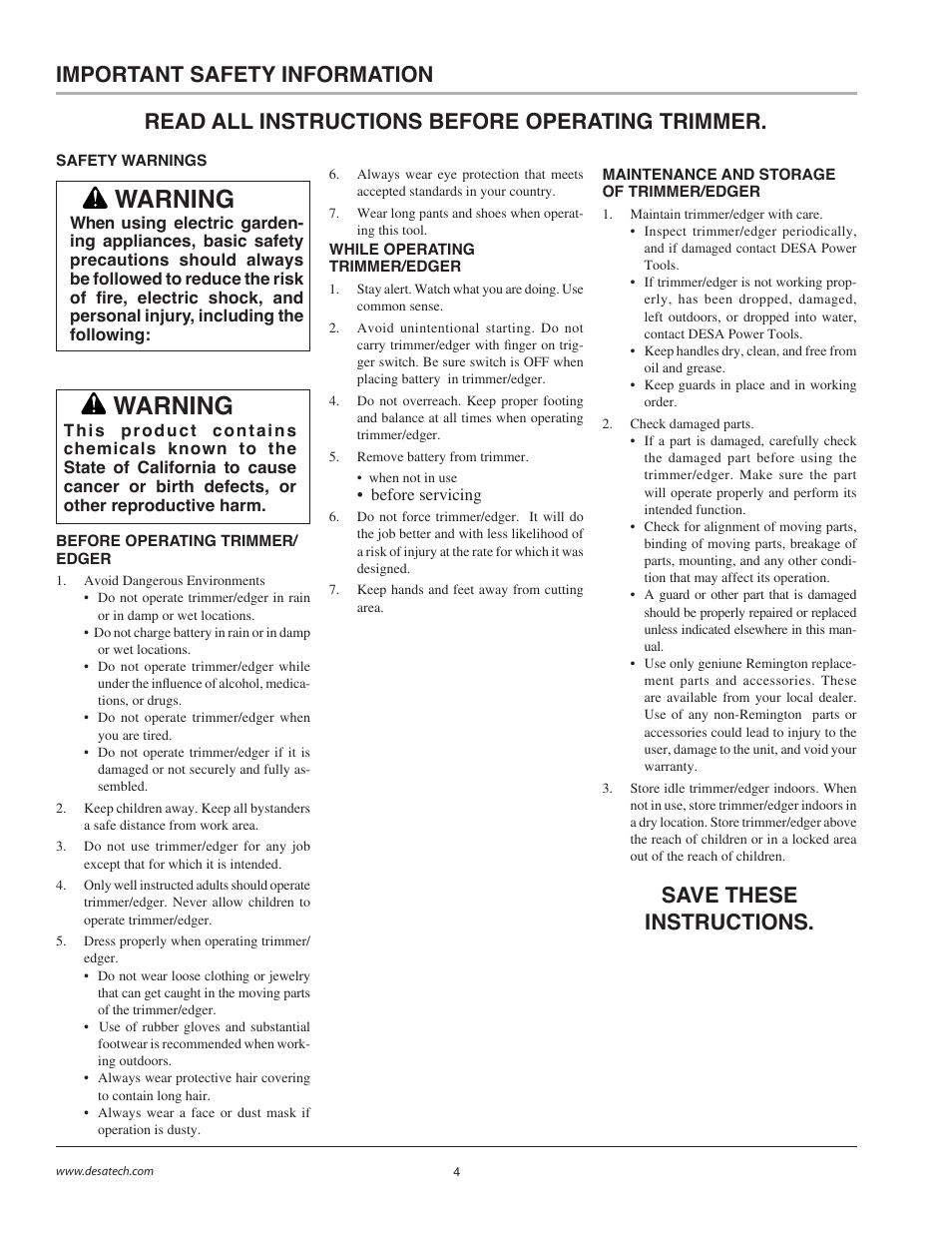 Warning, Important safety information | Remington BS1812A User Manual | Page 4 / 48
