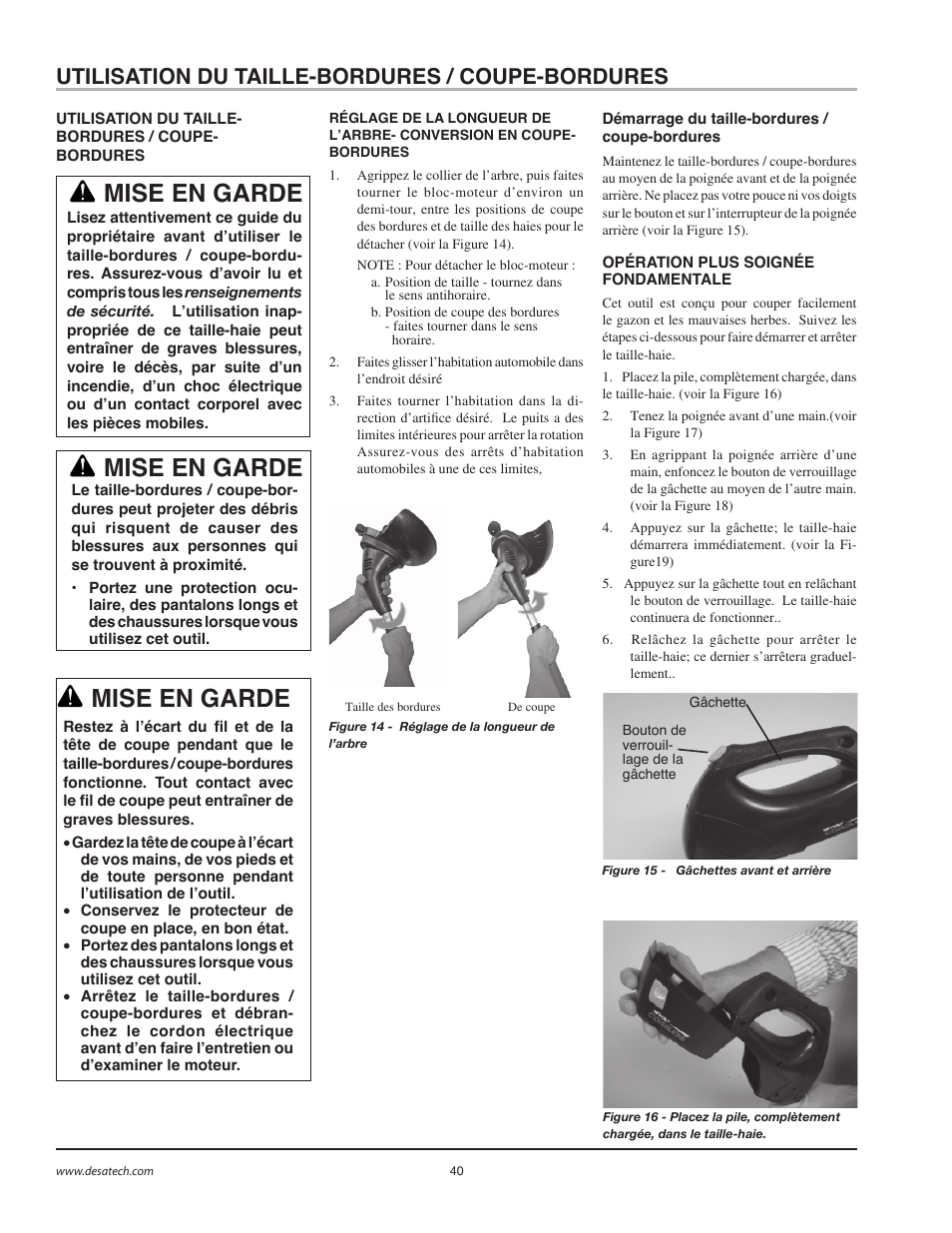 Mise en garde, Utilisation du taille-bordures / coupe-bordures | Remington BS1812A User Manual | Page 40 / 48