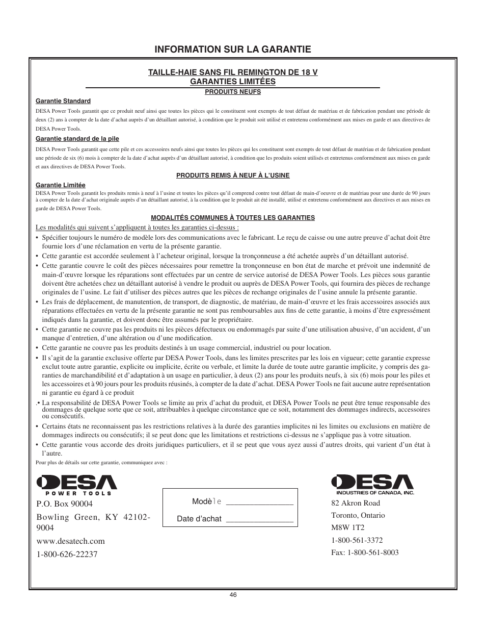 Information sur la garantie | Remington BS1812A User Manual | Page 46 / 48