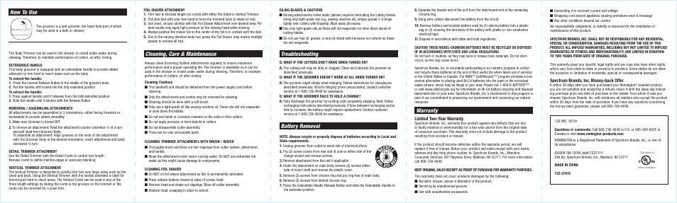Warranty, Troubleshooting, Cleaning, care & maintenance | How to use, Battery removal | Remington BHT-600 User Manual | Page 2 / 2