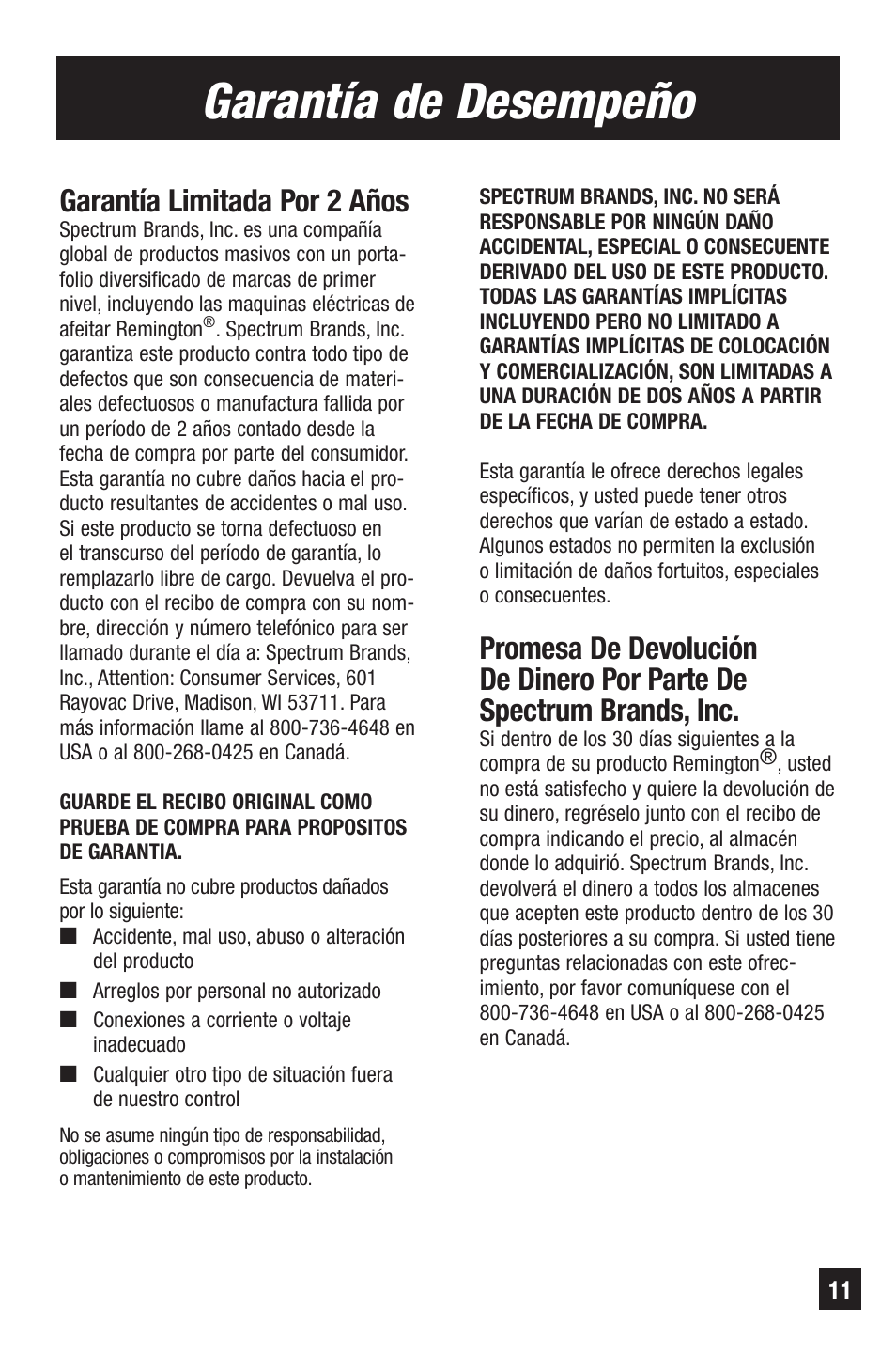 Garantía de desempeño, Garantía limitada por 2 años | Remington Precision NE-300 User Manual | Page 11 / 20