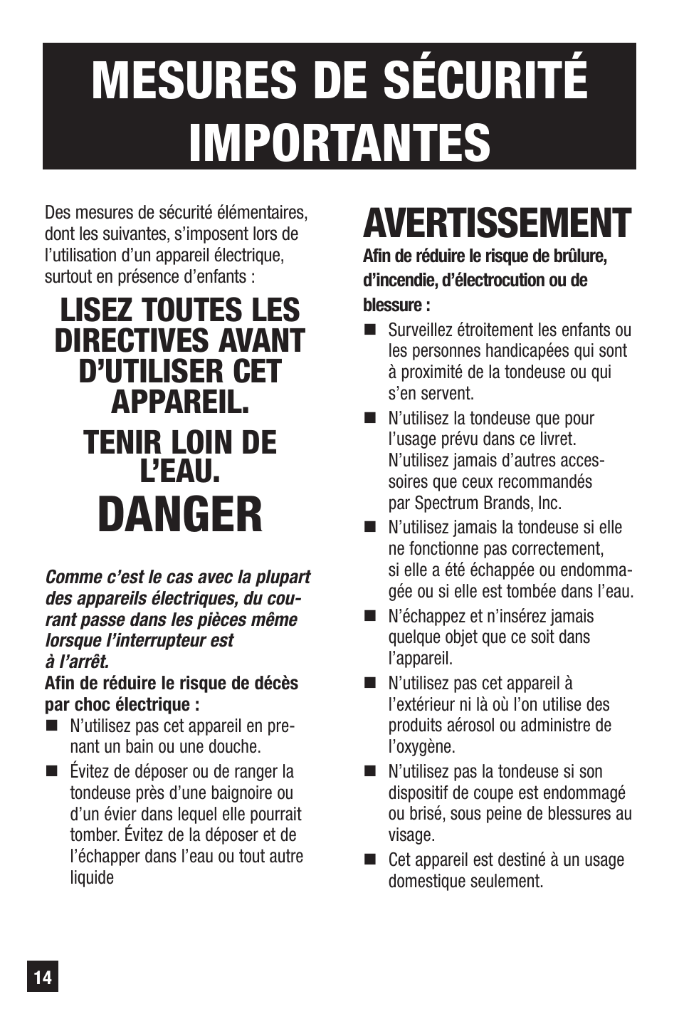 Mesures de sécurité importantes, Danger, Avertissement | Remington Precision NE-300 User Manual | Page 14 / 20