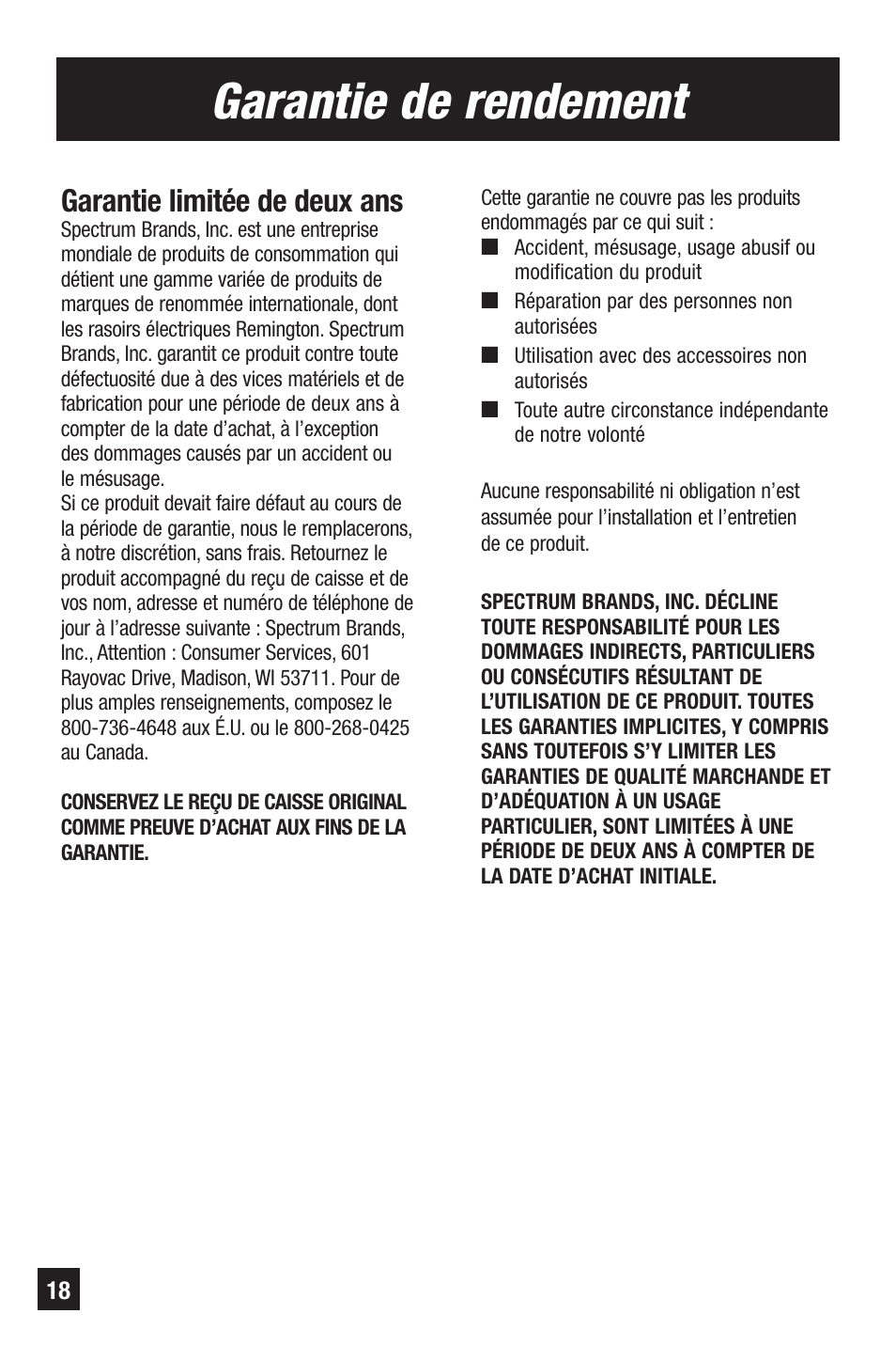 Garantie de rendement, Garantie limitée de deux ans | Remington Precision NE-300 User Manual | Page 18 / 20