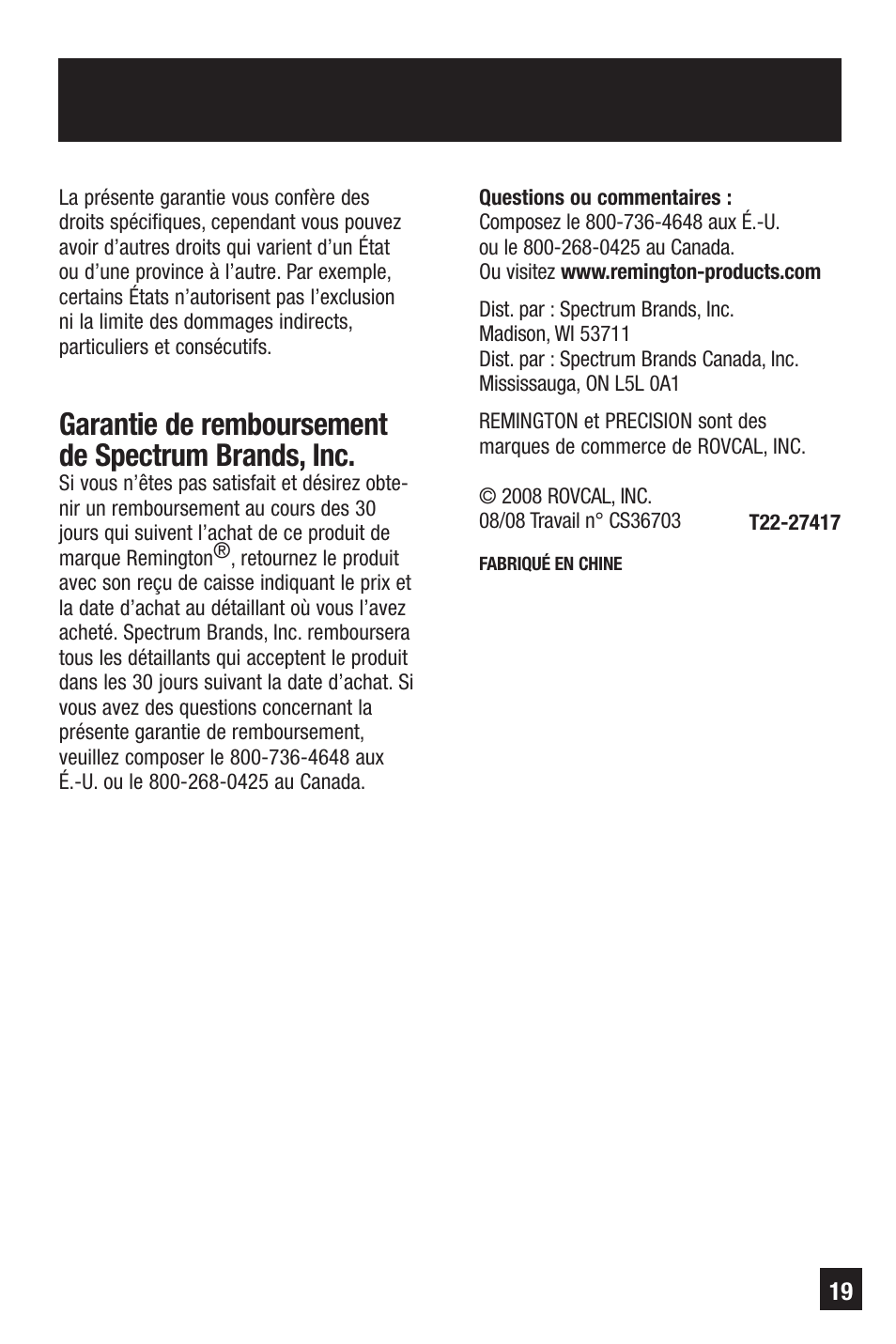 Garantie de remboursement de spectrum brands, inc | Remington Precision NE-300 User Manual | Page 19 / 20