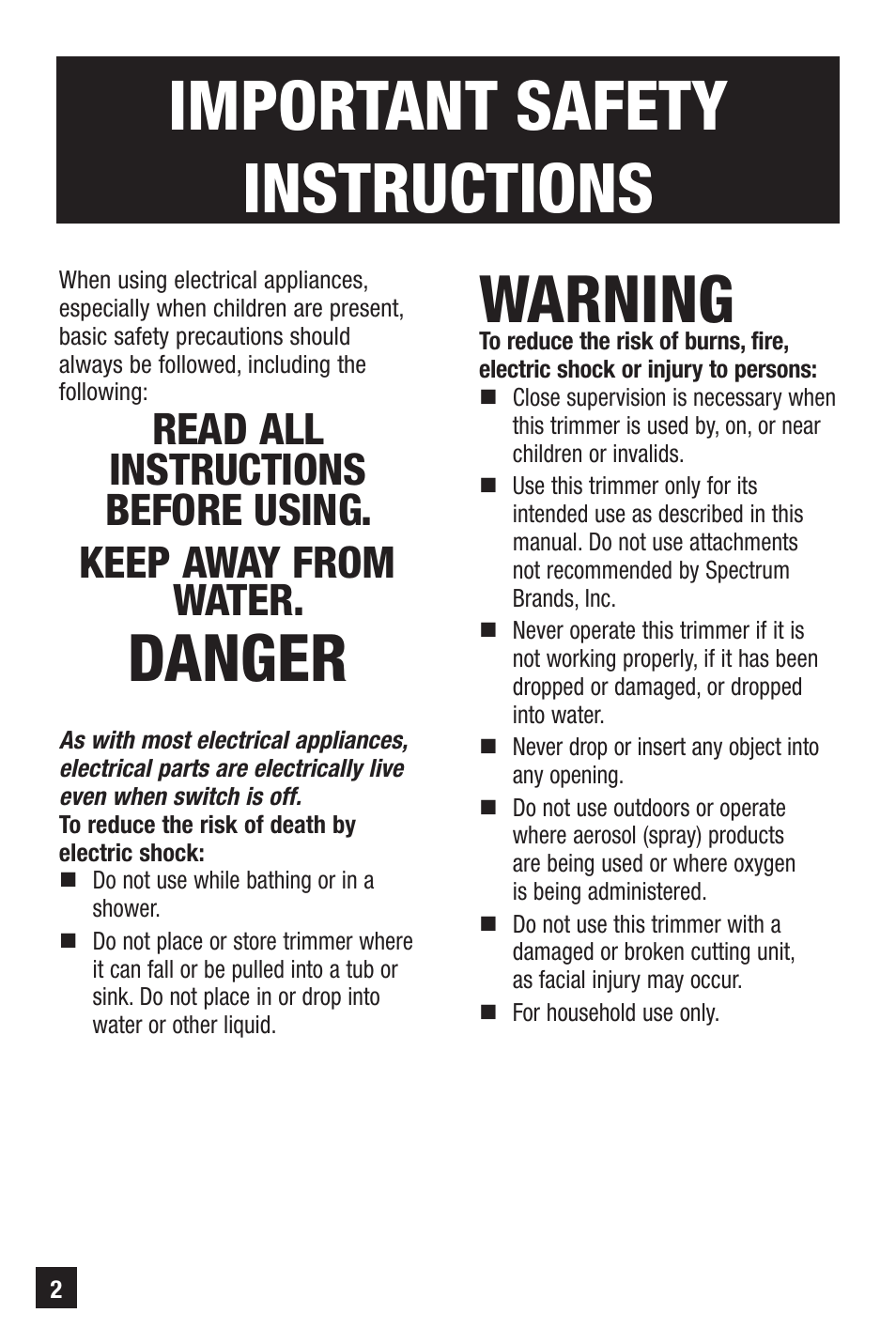 Important safety instructions, Danger, Warning | Remington Precision NE-300 User Manual | Page 2 / 20