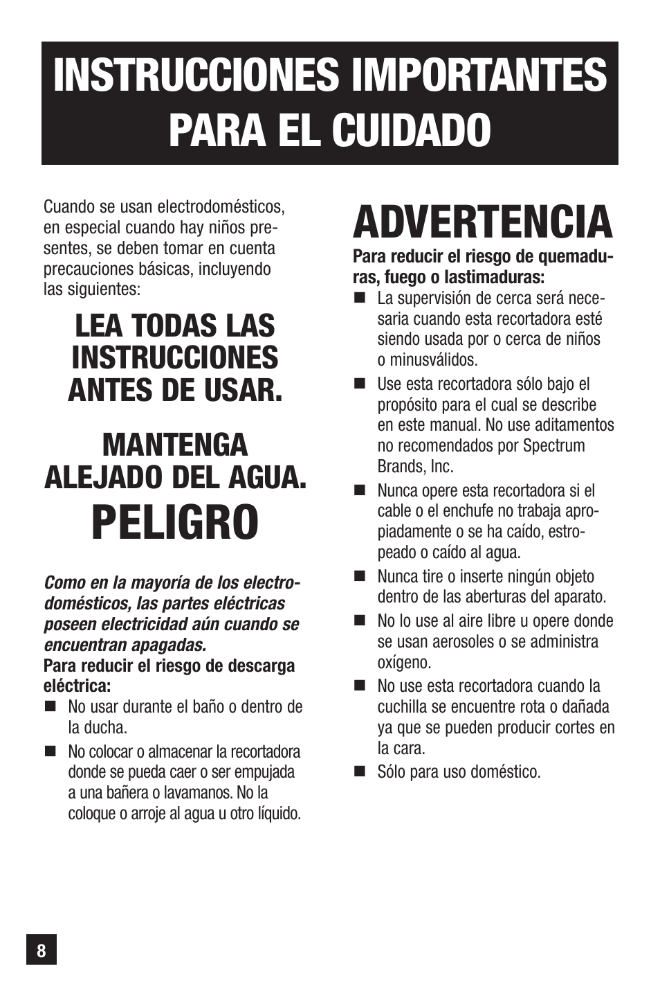 Peligro, Instrucciones importantes para el cuidado, Advertencia | Remington Precision NE-300 User Manual | Page 8 / 20