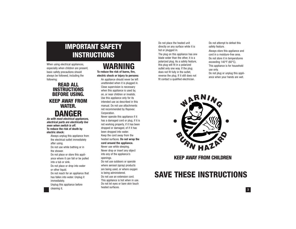 Save these instructions, Danger, Warning | Important safety instructions, Keep away from children | Remington S-1008 User Manual | Page 2 / 5