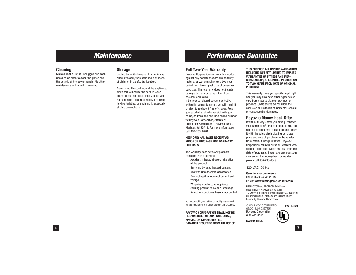 Maintenance, Performance guarantee | Remington S-1008 User Manual | Page 4 / 5