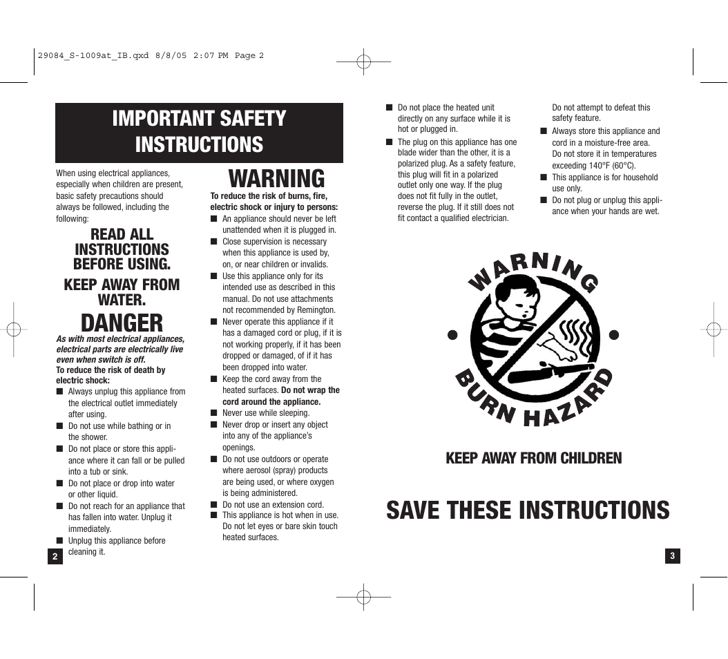 Save these instructions, Danger, Warning | Important safety instructions, Keep away from children | Remington S-1009at User Manual | Page 2 / 7