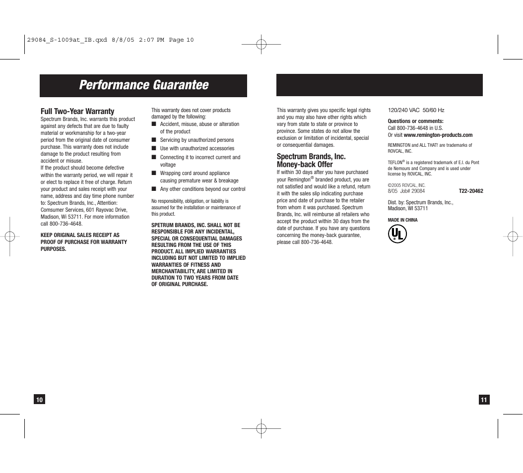 Performance guarantee, Full two-year warranty, Spectrum brands, inc. money-back offer | Remington S-1009at User Manual | Page 6 / 7