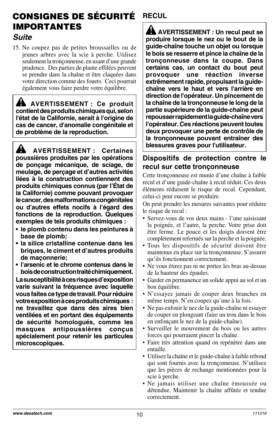 Consignes de sécurité importantes, Suite | Remington RPS2N1: 106821A User Manual | Page 10 / 28