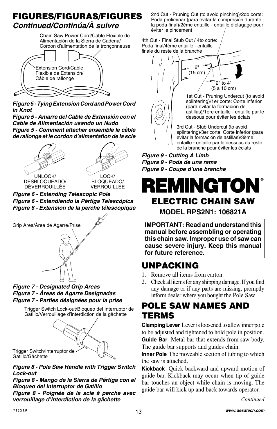 Figures/figuras/figures, Unpacking, Pole saw names and terms | Electric chain saw, Continued/continúa/à suivre | Remington RPS2N1: 106821A User Manual | Page 13 / 28