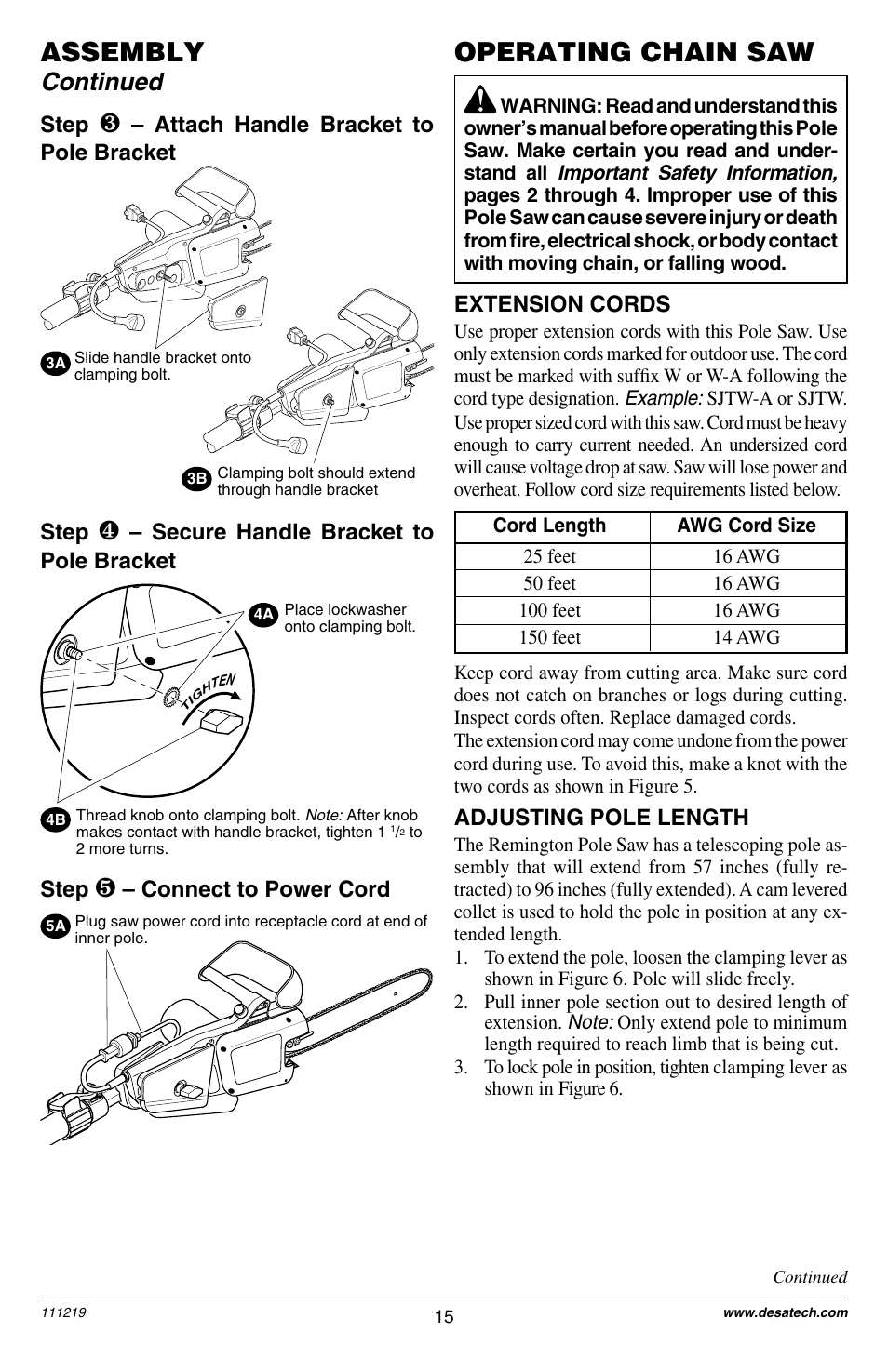 Assembly, Operating chain saw, Continued | Step, Attach handle bracket to pole bracket, Secure handle bracket to pole bracket, Connect to power cord, Extension cords, Adjusting pole length | Remington RPS2N1: 106821A User Manual | Page 15 / 28