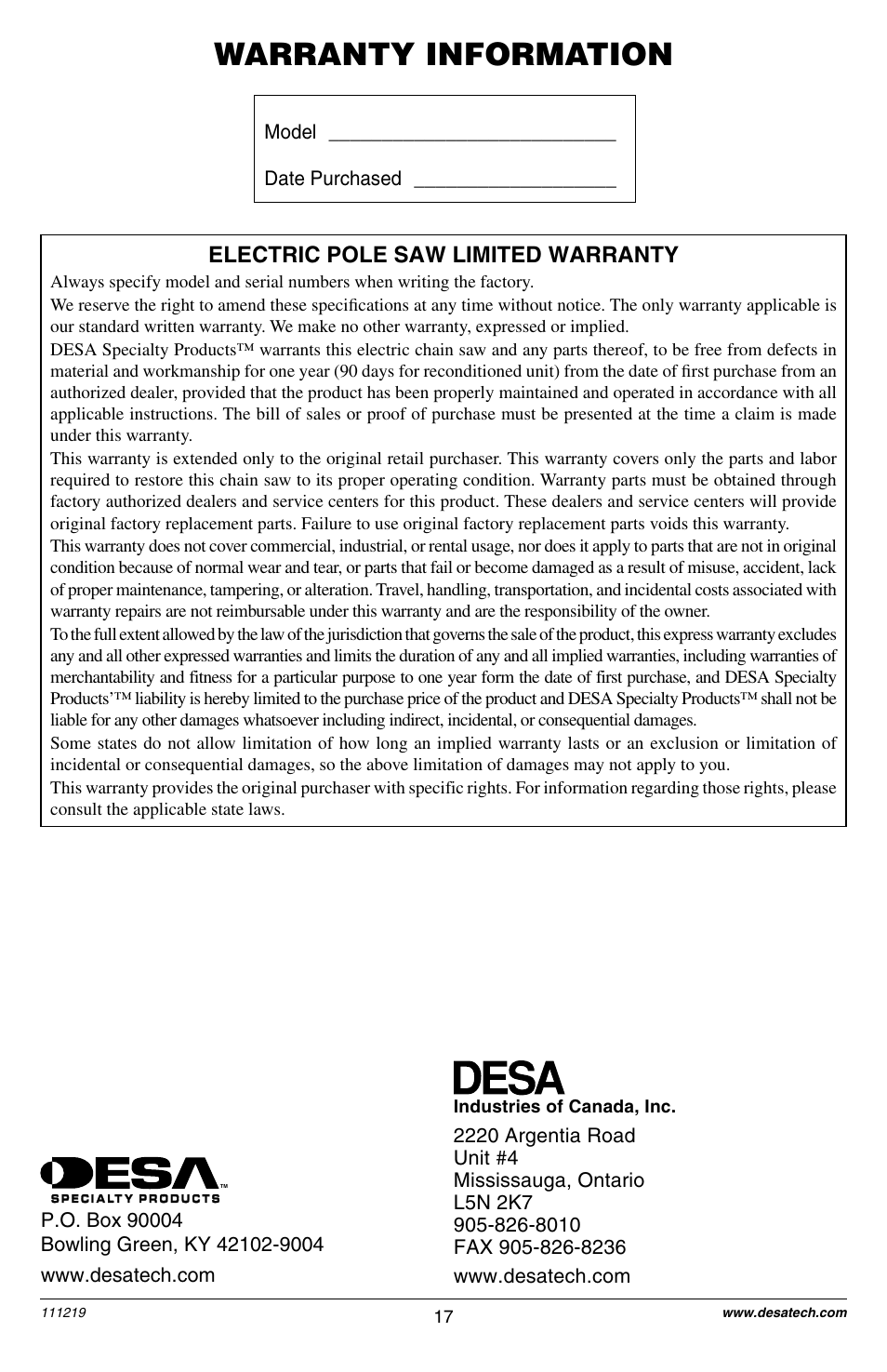 Warranty information, Electric pole saw limited warranty | Remington RPS2N1: 106821A User Manual | Page 17 / 28