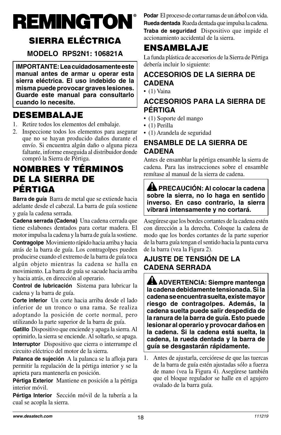 Desembalaje, Ensamblaje | Remington RPS2N1: 106821A User Manual | Page 18 / 28