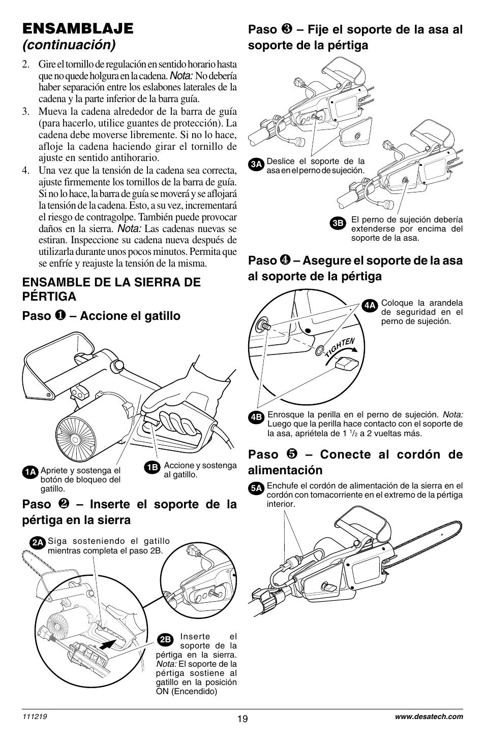 Ensamblaje, Continuación), Paso | Accione el gatillo paso, Fije el soporte de la asa al soporte de la pértiga, Conecte al cordón de alimentación, Ensamble de la sierra de pértiga paso, Inserte el soporte de la pértiga en la sierra | Remington RPS2N1: 106821A User Manual | Page 19 / 28