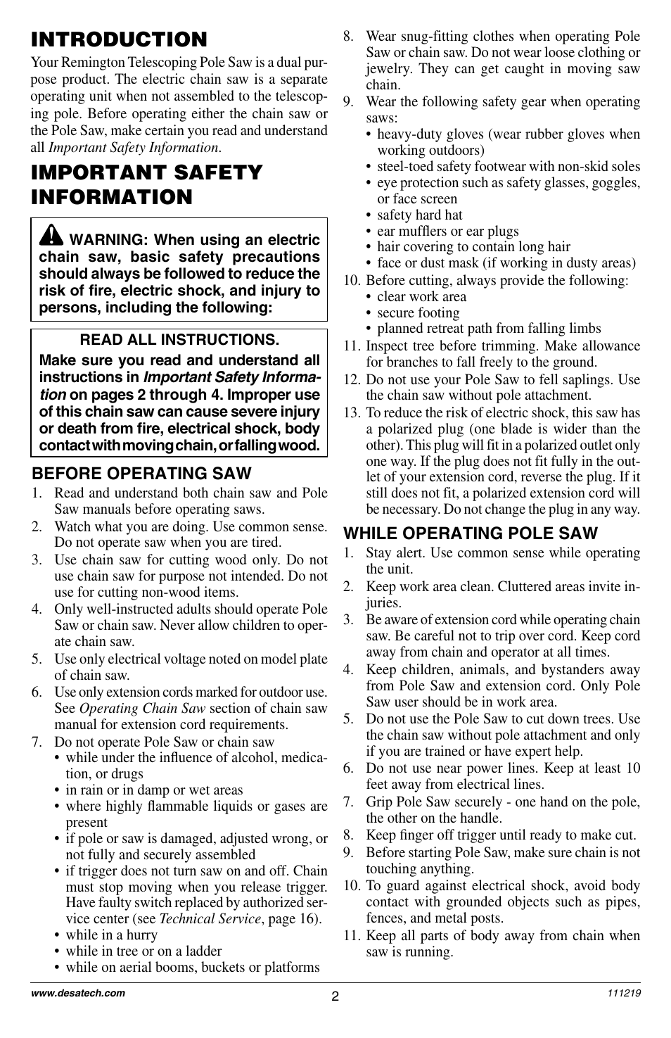 Important safety information, Introduction | Remington RPS2N1: 106821A User Manual | Page 2 / 28