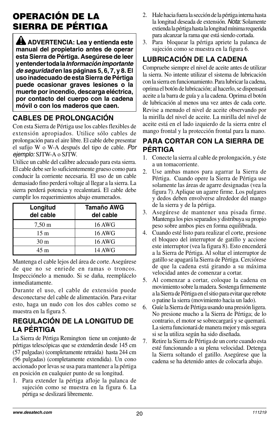 Operación de la sierra de pértiga | Remington RPS2N1: 106821A User Manual | Page 20 / 28