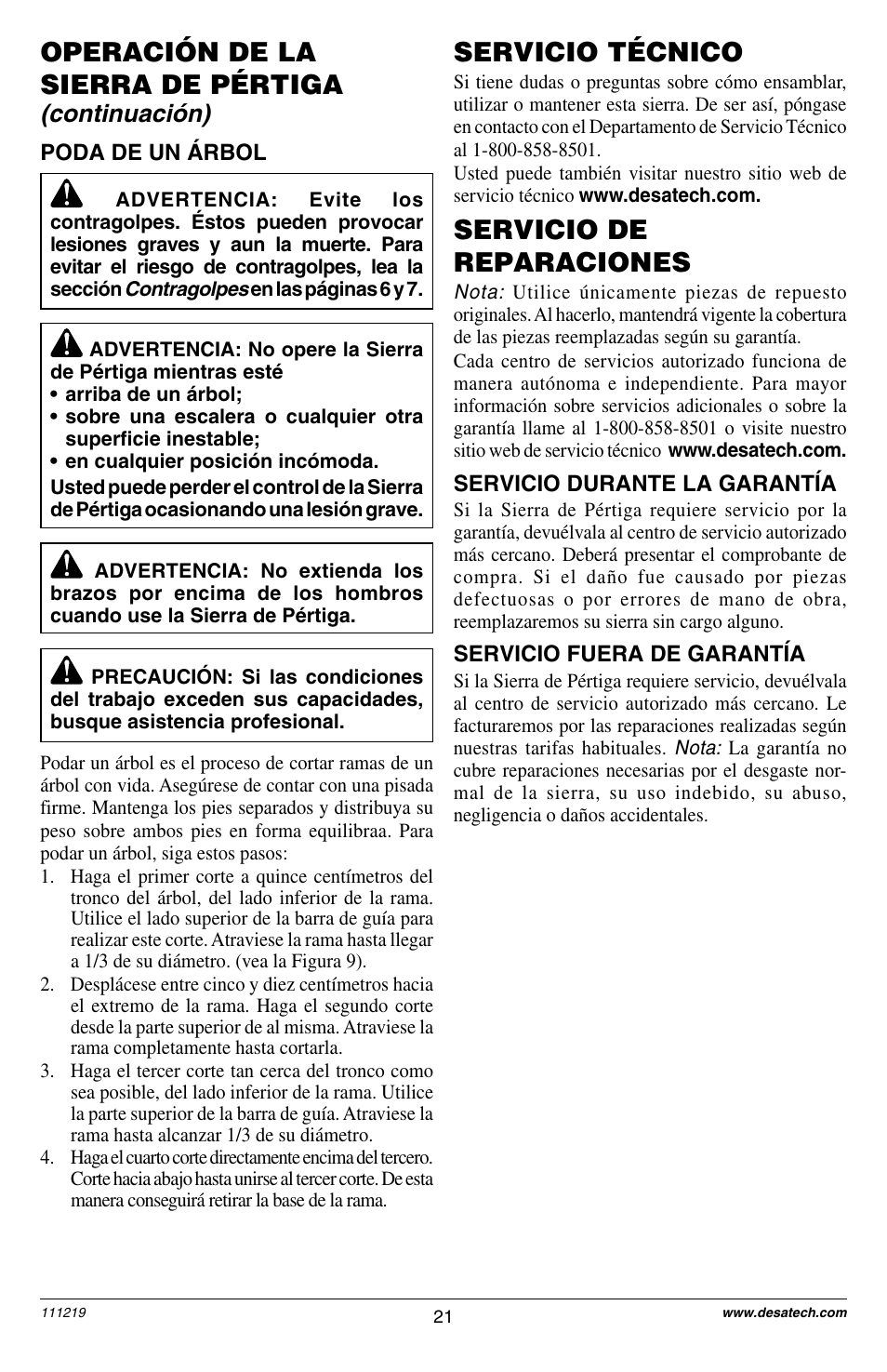 Operación de la sierra de pértiga, Servicio de reparaciones, Servicio técnico | Continuación) | Remington RPS2N1: 106821A User Manual | Page 21 / 28