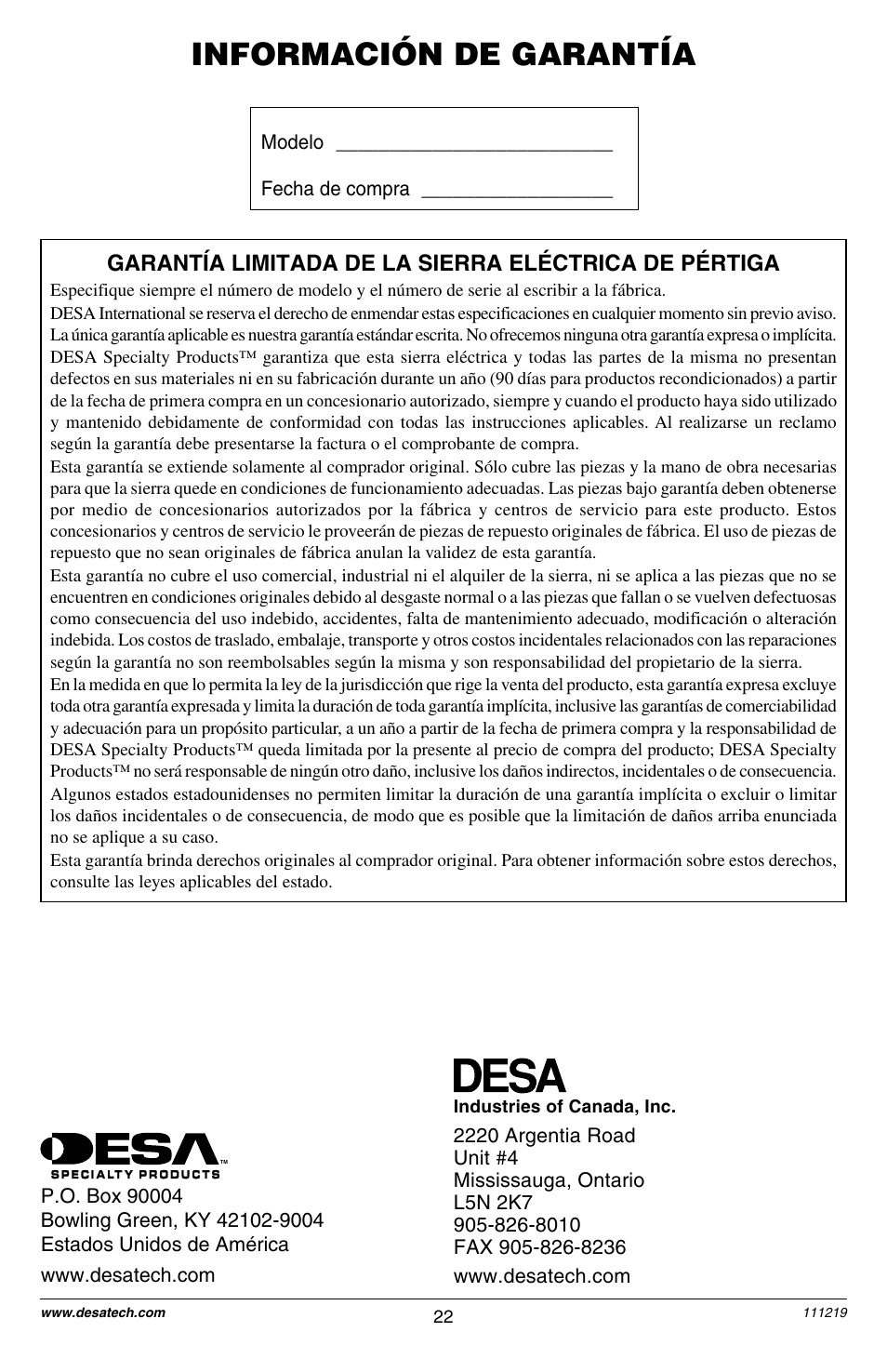 Información de garantía | Remington RPS2N1: 106821A User Manual | Page 22 / 28