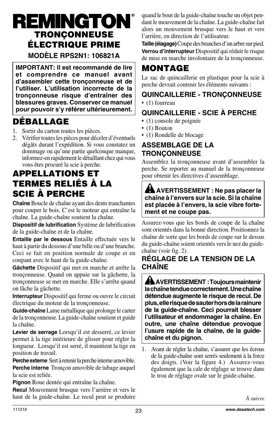 Montage, Déballage, Appellations et termes reliés à la scie à perche | Tronçonneuse électrique prime | Remington RPS2N1: 106821A User Manual | Page 23 / 28
