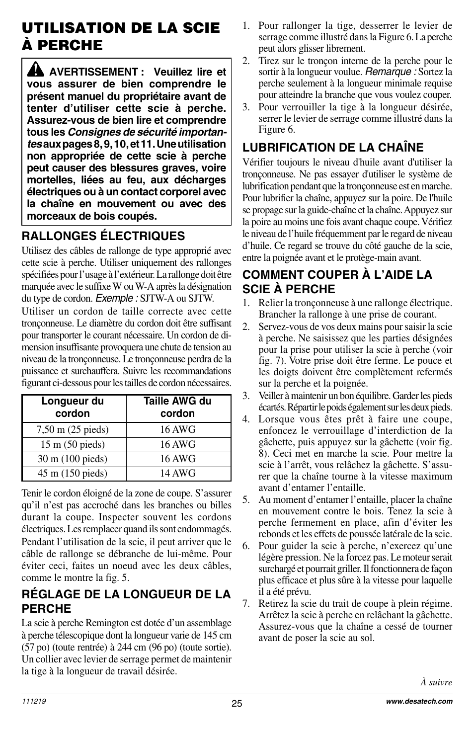 Utilisation de la scie à perche | Remington RPS2N1: 106821A User Manual | Page 25 / 28