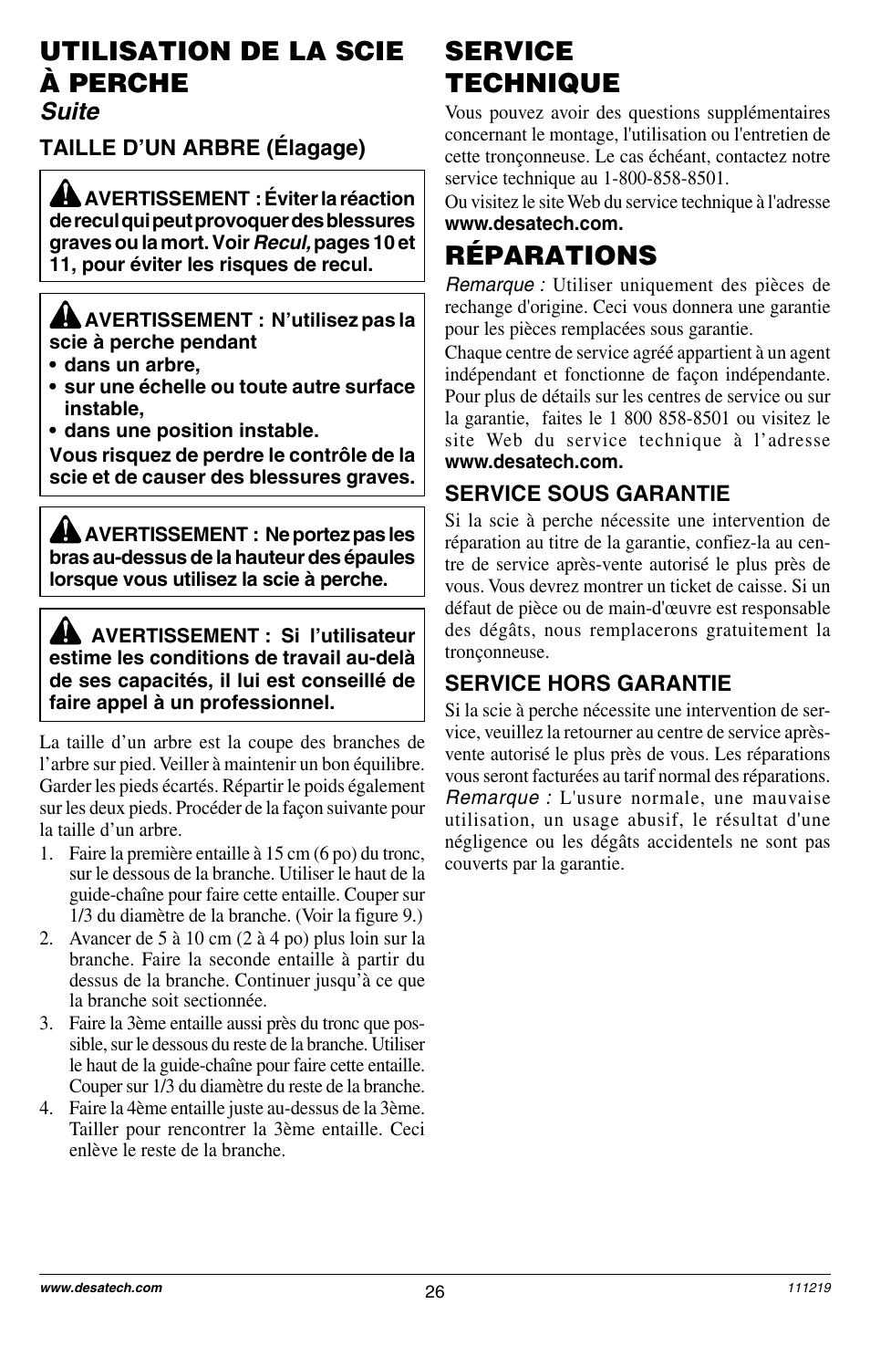 Service technique, Réparations, Utilisation de la scie à perche | Suite | Remington RPS2N1: 106821A User Manual | Page 26 / 28