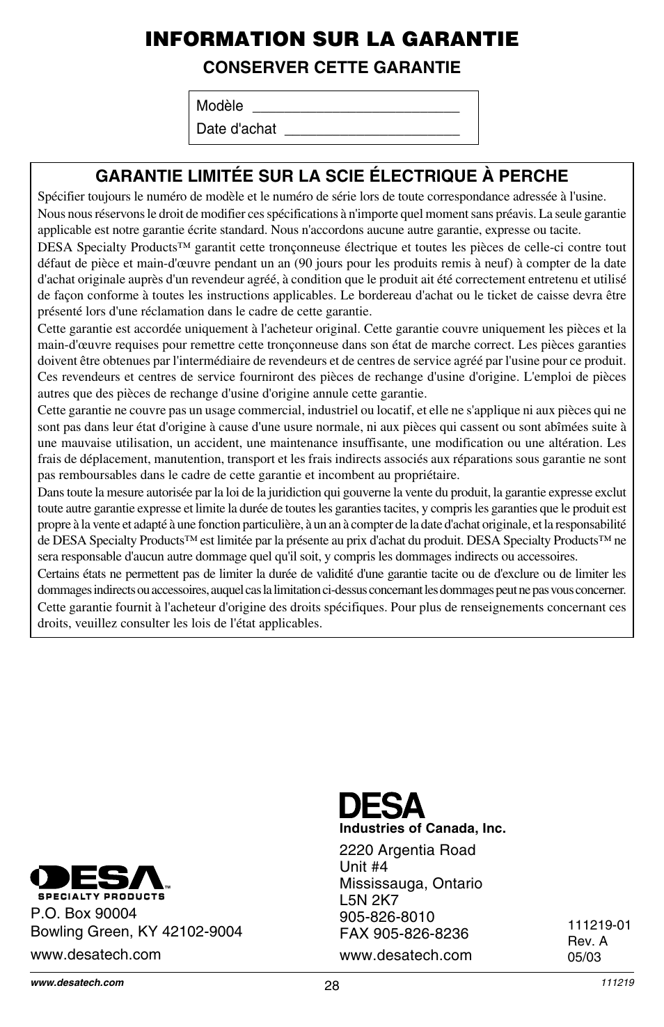 Information sur la garantie, Conserver cette garantie, Garantie limitée sur la scie électrique à perche | Remington RPS2N1: 106821A User Manual | Page 28 / 28