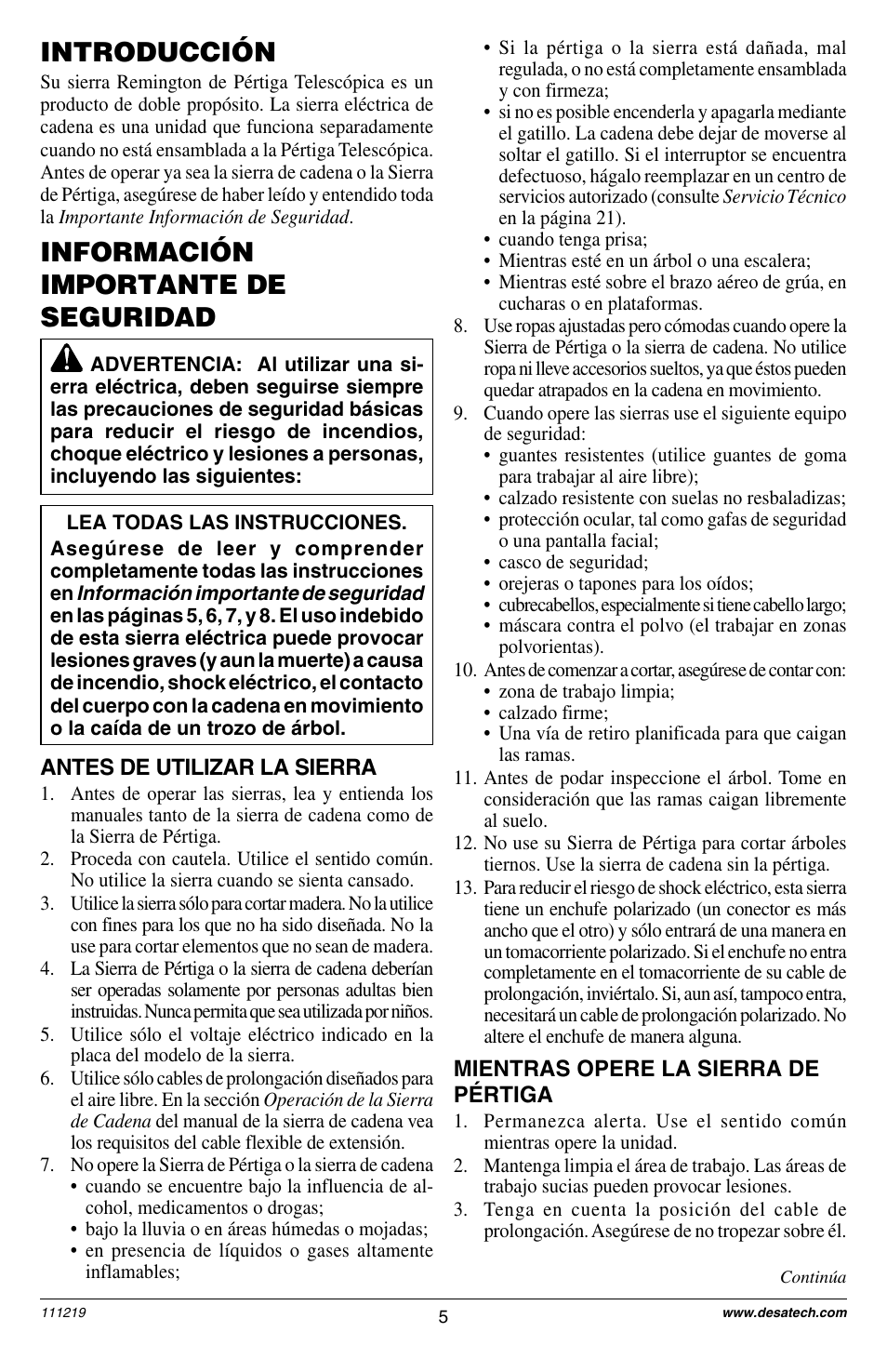 Información importante de seguridad, Introducción | Remington RPS2N1: 106821A User Manual | Page 5 / 28